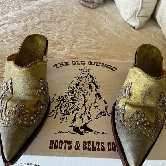 Old Gringo Shoes - Old Gringo Olive Green & Light Blue Embellished Mules